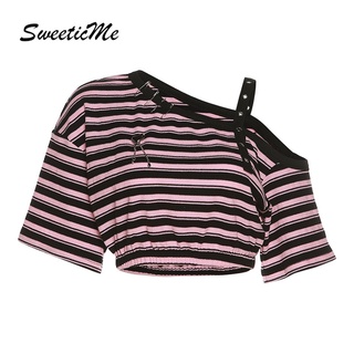 Sweeticme เสื้อยืดแขนสั้น เปิดไหล่ เข้ารูป เซ็กซี่ สไตล์สตรีท สําหรับผู้หญิง 2022