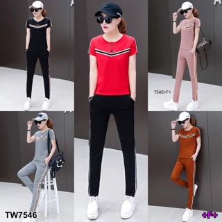 TwinsShopVip💗พร้อมส่ง TW7546 set 2 ชิ้น เสื้อแขนสั้นแต่งแถบ + กางเกงขายาว ****สอบถามก่อนสั่งซื้อ