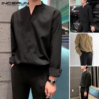 Incerun เสื้อเชิ้ตแขนยาวคอวีติดกระดุม