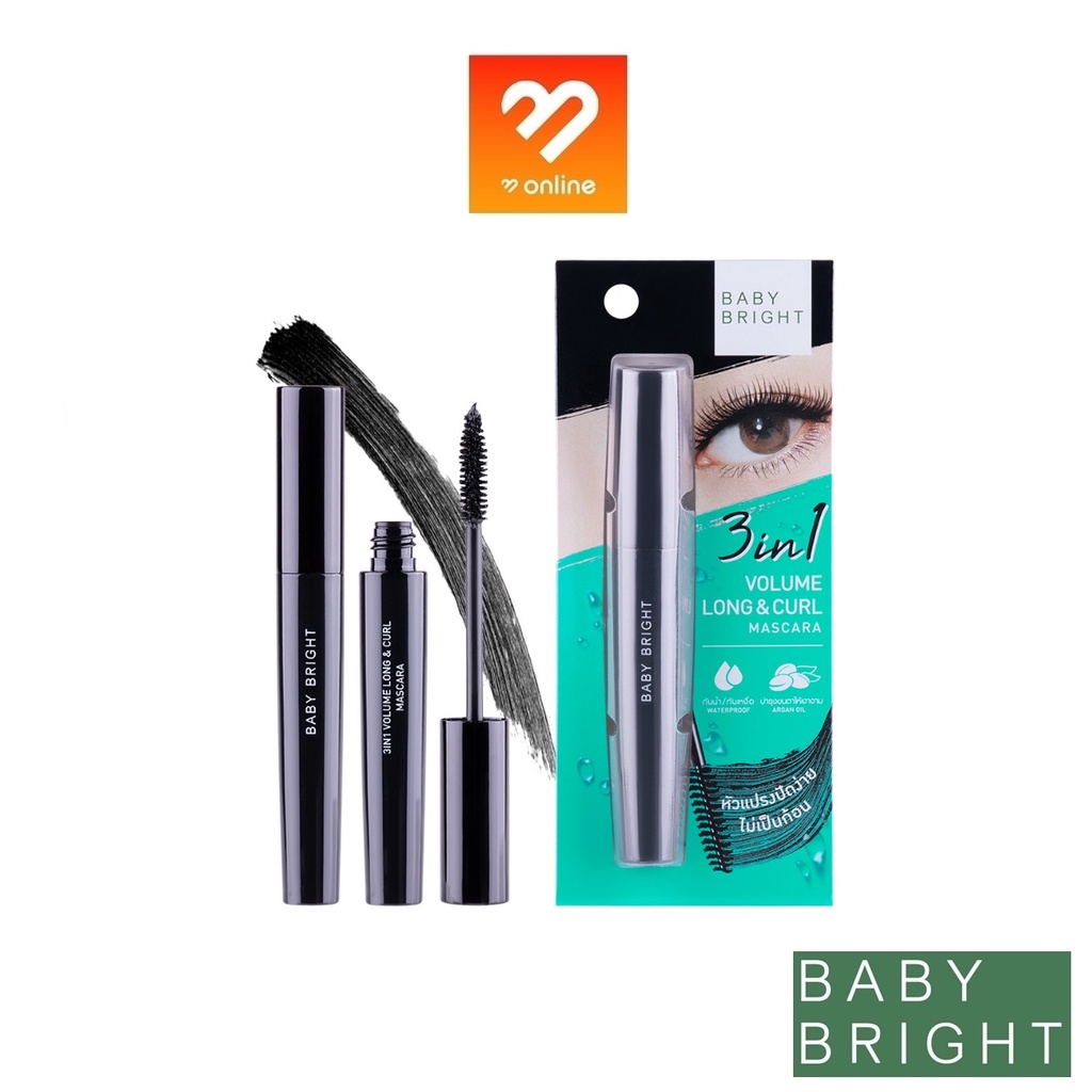 BABY BRIGHT 𝟯 𝗶𝗻 𝟭 𝗩𝗼𝗹𝘂𝗺𝗲 & 𝗖𝘂𝗿𝗹 𝗠𝗮𝘀𝗰𝗮𝗿𝗮 8g. เบบี้ไบร์ท มาสคาร่า 3 คุณสมบัติในหนึ่งเดียว ปัดขนตาให้หนา งอน ยาว