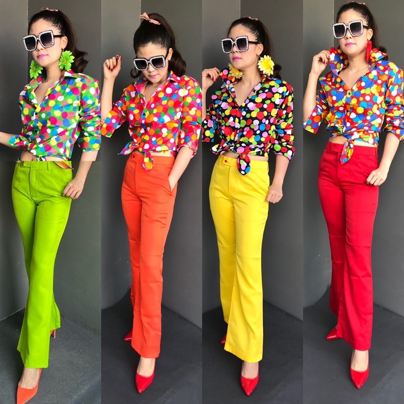 เซตเสื้อลายจุดกางเกงสีพื้น ชุดย้อนยุค ชุดทองกวาว ชุดแหยม (เสื้อ+กางเกง)