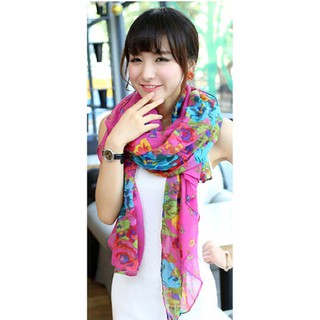 P88 ผ้าคลุมไหล่ ลายกราฟฟิก สีม่วง ดอกไม้ scarf chiffon