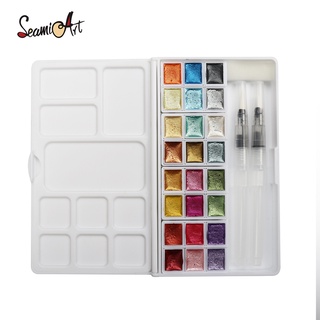 SeamiArt 12/24 Colors Glittery Metallica Solid Watercolor Set with 1pc Plastic box &amp; Palette for Painting/Decoration/Nail