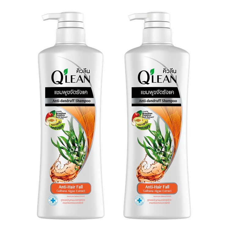 Q'lean คิวลีน แชมพู ขจัดรังแค สูตรลดปัญหาผมขาดหลุดร่วง Galbana Algae Extract (สีส้ม) 340 มล. 2 ขวด LIONSOS