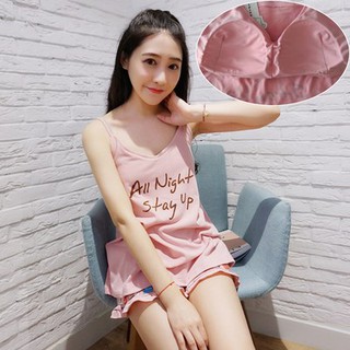 ชุดนอนแขนสั้นเซ็กซี่สไตล์เกาหลีสำหรับผู้หญิง Womens cotton sexy pajamas two-piece set (top + pants) with chest pad