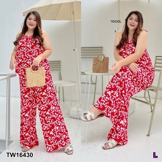 TW16430 #Bigsize New Arrival !!!!! Set ลายดอก เสื้อสายเดี่ยวผูกโบว์ทรงสามเหลี่ยม มาคู่กางเกงขายาวมีกระเป๋าข้าง