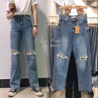 JH639#,ยีนส์ขากระบอกแต่งขาดมีS-XL#jeans house