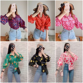 พร้อมส่ง💖เสื้อเชิ้ตผู้หญิงลายหัวใจ แขนยาวพองสม็อคปลายแขนน่ารักสุดๆๆ💖