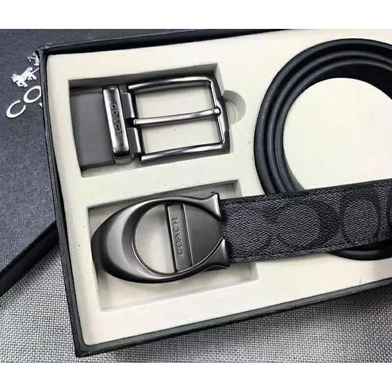 Set เข็มขัด Coach แท้ outlet สีเทา ดำ มี2 หัว สลับใช้ได้ ของขวัญ สุดคุ้ม