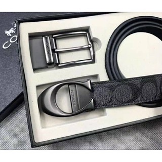 Set เข็มขัด Coach แท้ 💯 outlet สีเทา ดำ มี2 หัว สลับใช้ได้ ของขวัญ สุดคุ้ม
