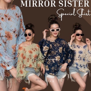 🔖ป้าย Mirrorsister​ 20314.8 เสื้อแขนขนนกคอปาด ใส่ไหล่ตกนิดๆ ลายดอกไม้มีลายแต้มสีทองทั่วทั้งตัว