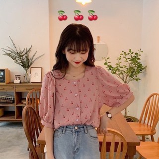 🍒เสื้อแฟชั่นเกาหลี เสื้อคอเหลี่ยมลายเชอรี่ ฟรีไซส์ใส่สบาย