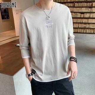 Suikone เสื้อยืดคอกลมแขนยาวผู้ชายแฟชั่นสไตล์เรียบง่าย