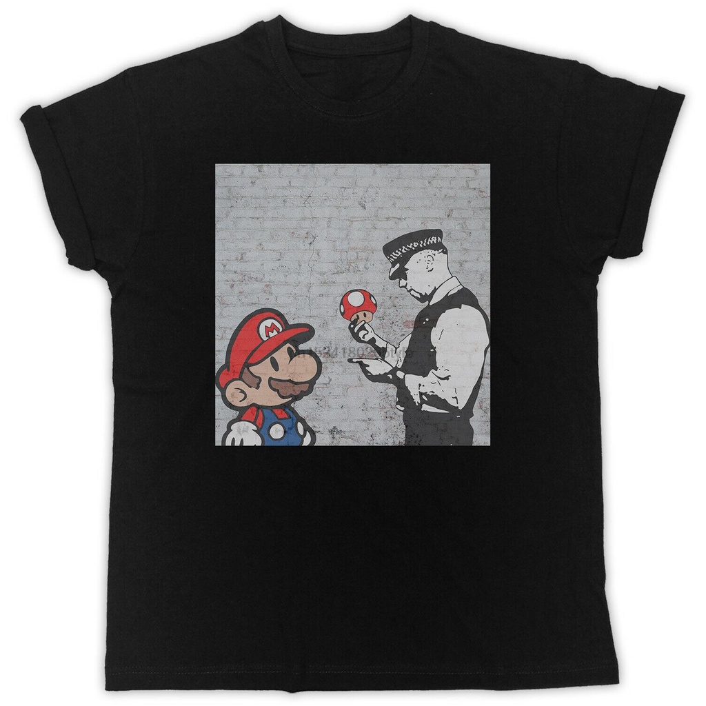 BANKSY MARIO MUSHROOM POLICEMAN POSTER SLOGA IDEAL เสื้อยืดสีดํา UNISEX