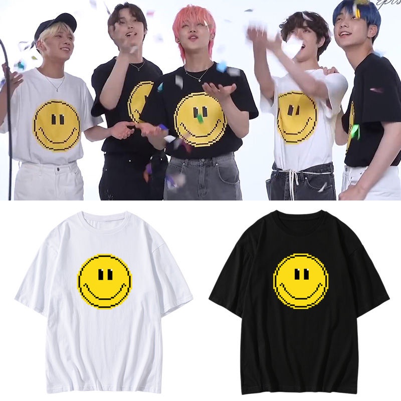 คอลูกเรือเสื้อยืดคอกลมKPOP TXT ยิ้มเดียวกันเสื้อยืดผ้าฝ้ายพลัสขนาดผู้ชายและผู้หญิงคอกลมแขนสั้นสไตล์เ