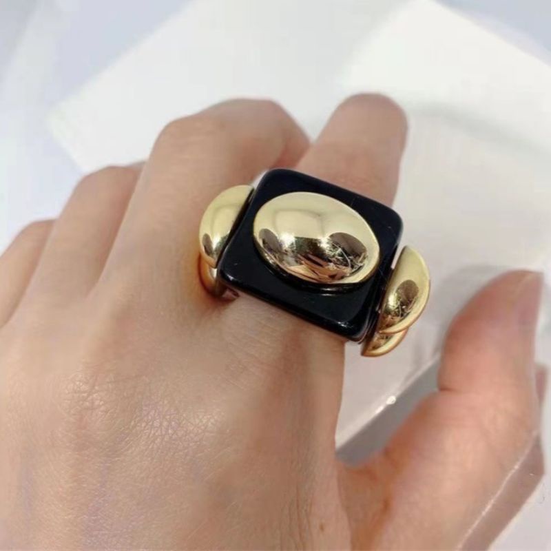 LZ Cincin สีดํา Putih Big Statement แหวน Knuckle นิ้วเกาหลี Punk แฟชั่นเรซิ่นพลาสติกสีดําทองรอบลูกปั