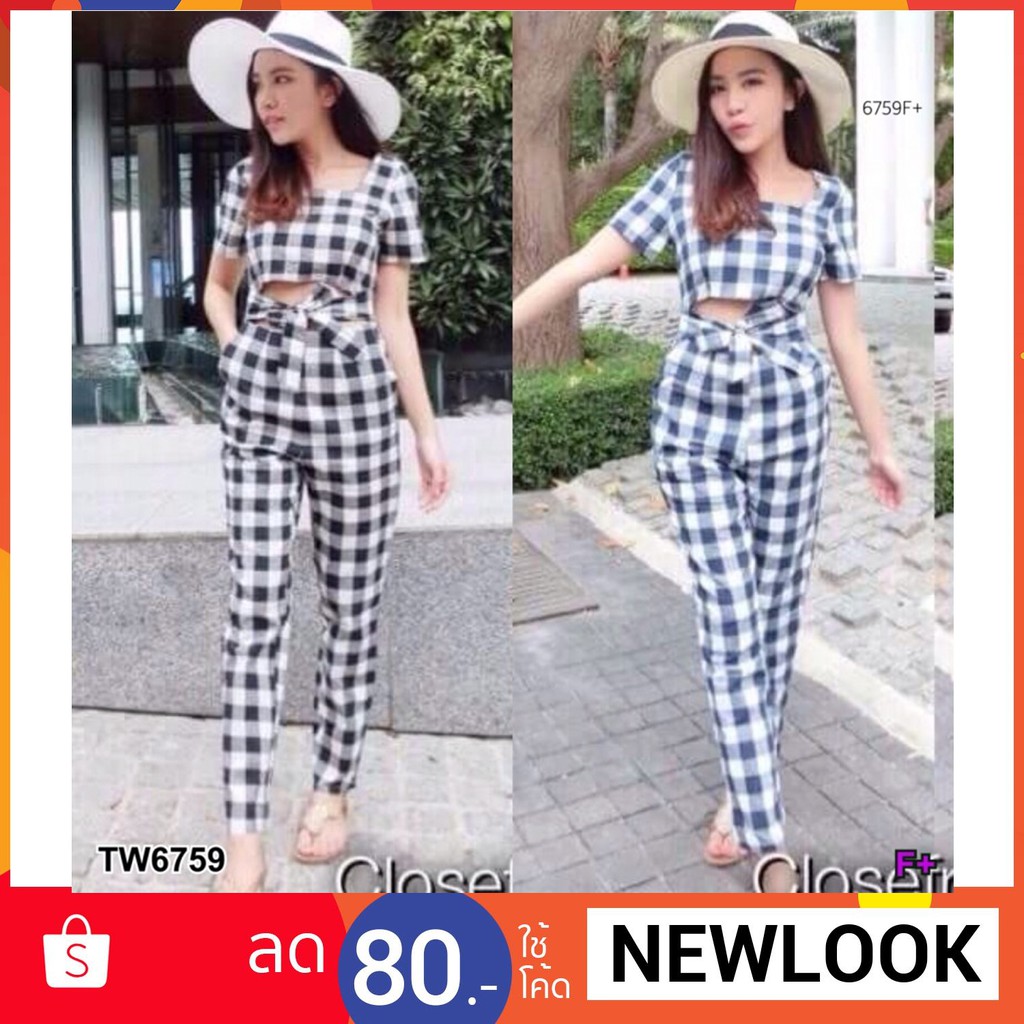 จั๊มสูทลายสก็อต คัทเอ้าท์ช่วง เอว มีโบว์ผูก !!!! ลดราคา ถูก ราคา ราคาส่ง jumpsuit762