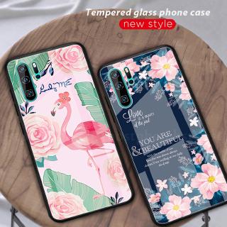 เคสกระจกนิรภัยลายดอกไม้และนกฟลามิงโก้สําหรับ Huawei P30 Pro Nova 4e 3e 3i P20 Pro P30 Lite