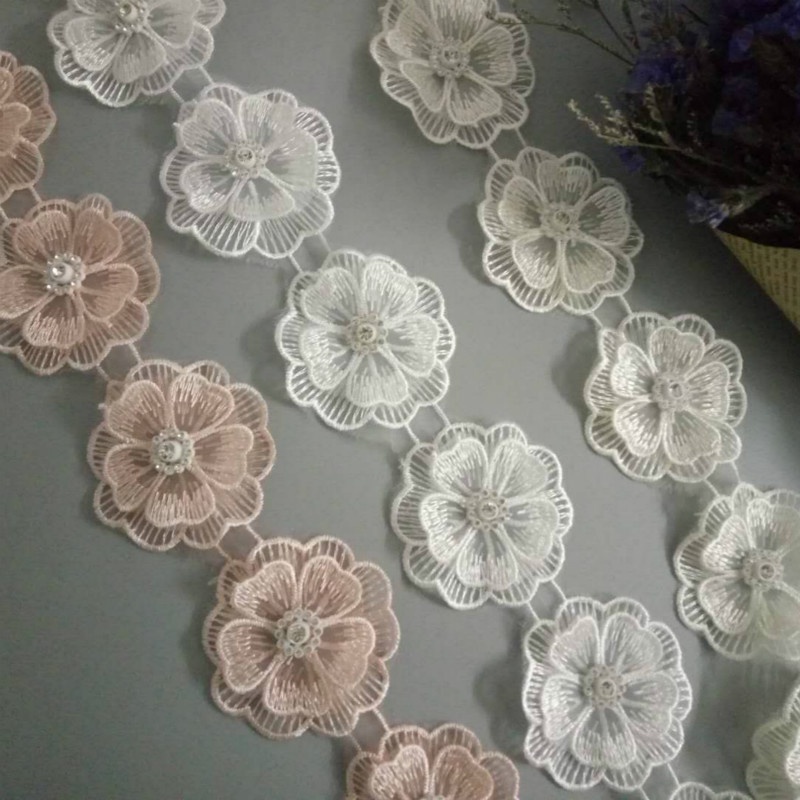 10 x 3D ไข่มุกลูกปัดดอกไม้เย็บปักถักร้อยขอบลูกไม้ดอกไม้ริบบิ้น Applique แพทช์ชุดผ้าเย็บผ้างานฝีมือวินเทจ