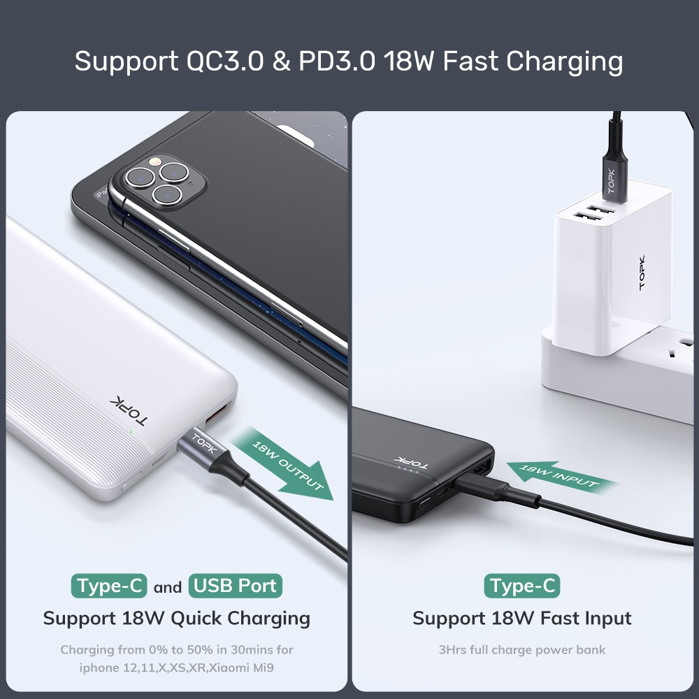 TOPK I1015P Quick Charge 3.0 10000mAh Power Bank USB Type C PD ...