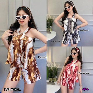 TwinsShopVip💗พร้อมส่ง TW17636 Set 2 ชิ้น เสื้อสายกากบาทพิมลายหินอ่อน + กางเกงขาสั้น ..