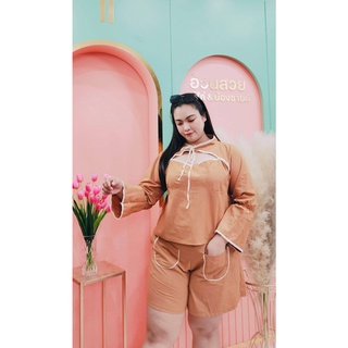 เซ็ทลินินแขนยาวผูกคอ สาวอวบอ้วน