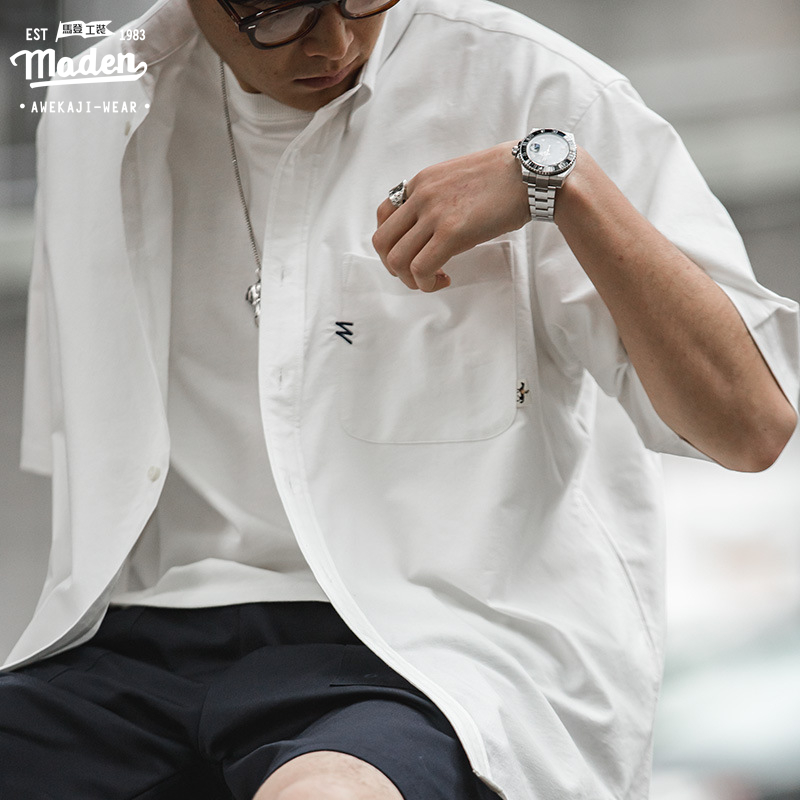 Retro สุภาพบุรุษ oversize สีขาวซ้อนเสื้อแขนสั้นหลวม cityboy วันหยุดชายทะเลแฟชั่นชายเสื้อ — صورة 4