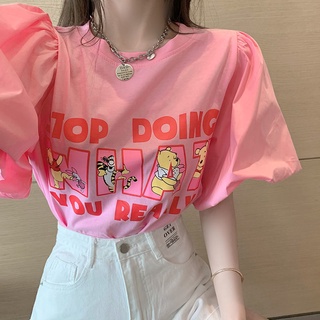 ใหม่เสื้อยืดลําลองสําหรับสตรีแขนสั้นพิมพ์ลายสไตล์เกาหลี