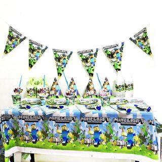 Minecraft Theme Birthday Party Supplies Minecraft Print Disposable Tableware Banner Paper Tray Paper Cup Tablecloth Straws Toys for Kids Birthday Baby Shower Party