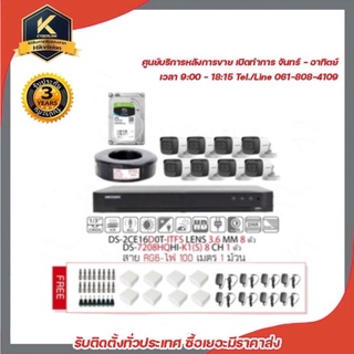 HIKVISION ชุดกล้องวงจรปิด 2MP (1080P) DS-2CE16D0T-ITFS LENS 3.6 MM 8 ตัว เครื่องบันทึก 8 ช่อง DS-7208HQHI-K1 (S)