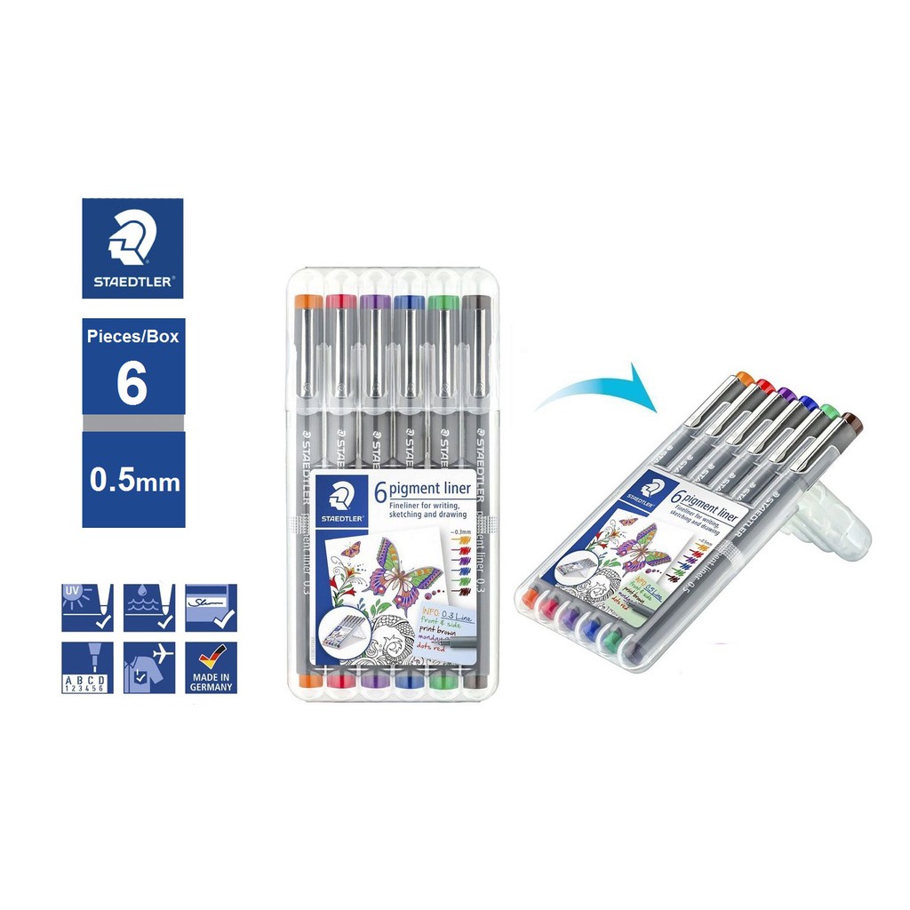 STAEDTLER Colored Pigment Liner Fineliner Technical Drawing Pen 0.5mm (6 สี)