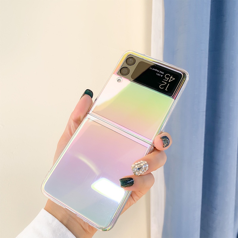 Z Flip 6 5 4 3 กรณี Rainbow Glitter เลเซอร์ PC Hard โปร่งใสเคสโทรศัพท์สําหรับ Samsung Galaxy Z Flip3 Flip6 Z Flip4 5 ฝาครอบที่ชัดเจน