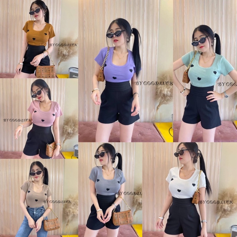 SpinnyHouse   เสื้อคอเหลี่ยม เสื้อยืดไหมพรม ‼️หัวใจงานปัก‼️ปักเย็บหัวใจ คะน้า หัวใจ B-025-3-B – โปรปัง