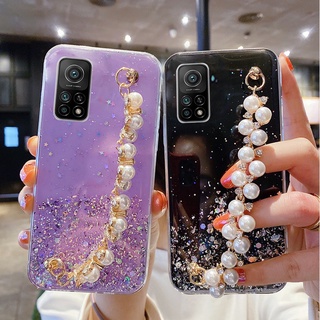 เคสป้องกันโทรศัพท์มือถือใส แบบนิ่ม ประดับเลื่อม มีสายโซ่ไข่มุก สําหรับ Xiaomi Redmi Note 11 11Pro 11S Note 10 10S 10Pro Note 9 9S 9pro Note 8 8Pro Note 7 7Pro