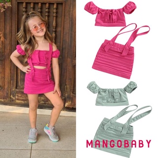 MG-Little Girls 2PCS Skirt Outfits, Plain Buttons Short Sleeve Off-Shoulder Crop Camisole, Short Adjustable Suspender