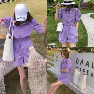 พร้อมส่ง‼️ 🇰🇷New in สินค้านำเข้า พร้อมส่ง Purple jumpsuit  จั๊มสีม่วงน่ารักๆมาแล้วค่า คอปกผ้าเชิ๊ต