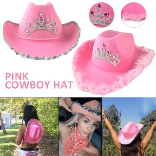 Pink Cowboy Hat with Tiara Wild West Cowgirl Fancy Dress Costume Night Party