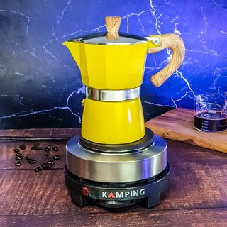 (Kamping) เตาไฟฟ้า + หม้อต้มกาแฟ สีเหลือง  150 ml. moka pot หม้ออลูมิเนียม แปดเหลี่ยม เครื่องชงกาแฟ หม้อกาแฟ