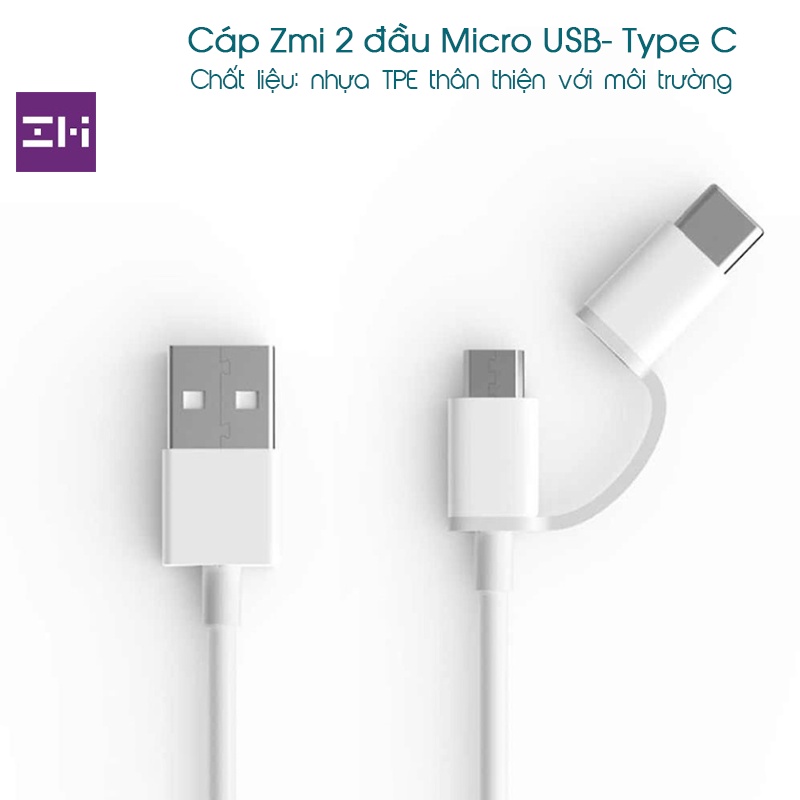 สาย Zmi พร้อมหัว Micro USB- Type C -3a 2 หัว (ยาว 1 ม. & 30 ซม.)