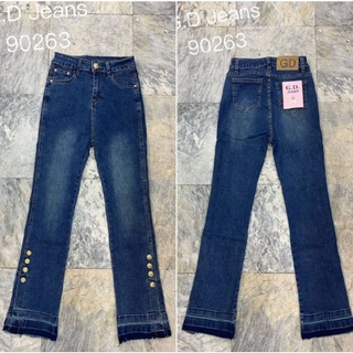 G.D.Jeans รุ่น 90263#กางเกงยีนส์แฟชั่นขายาวผ้ายืดเอวสูงสีเข้มทรงขาม้าเล็กต่อกระดุมทองข้างแต่งปลายขาผ่าข้าง