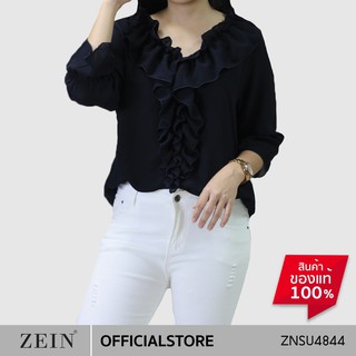 ZEIN เบลาส์ เสื้อผู้หญิง แขนยาว สีพื้น แต่งระบายคอ ZNSU4844