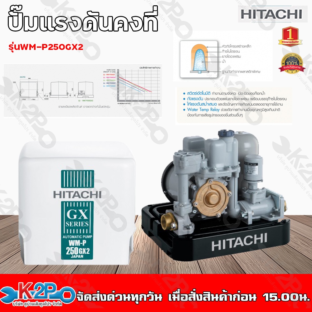 HITACHI ปั๊มน้ำอัตโนมัติ สำหรับดูดน้ำลึก ปั๊มถังอัตโนมัติ น้ำบาดาล 250วัตต์ รุ่น WM-P250GX2 (ฮิตาชิ) ปั้มถัง ปั๊มน้ำ