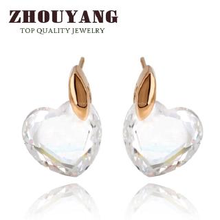 Zhouyang(โจวหยาง)เครื่องประดับคุณภาพสูงสุด ใสหัวใจกุหลาบสีทอง Stud Earrings ทำด้วยคริสตัลแท้ออสเตรีย E182 E345