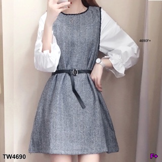 TwinsShopVip💗พร้อมส่ง TW4690 	เดรสแขนตุ๊กตา+เข็มขัด Doll sleeve dress + belt