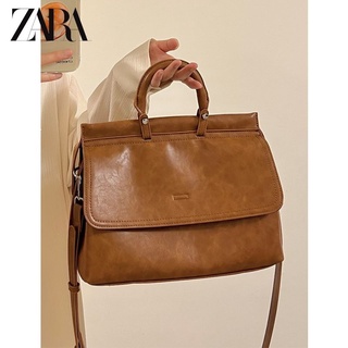 Zara กระเป๋าเอกสาร หนังแว็กซ์น้ํามัน ความจุขนาดใหญ่ สไตล์เรโทร สําหรับผู้หญิง