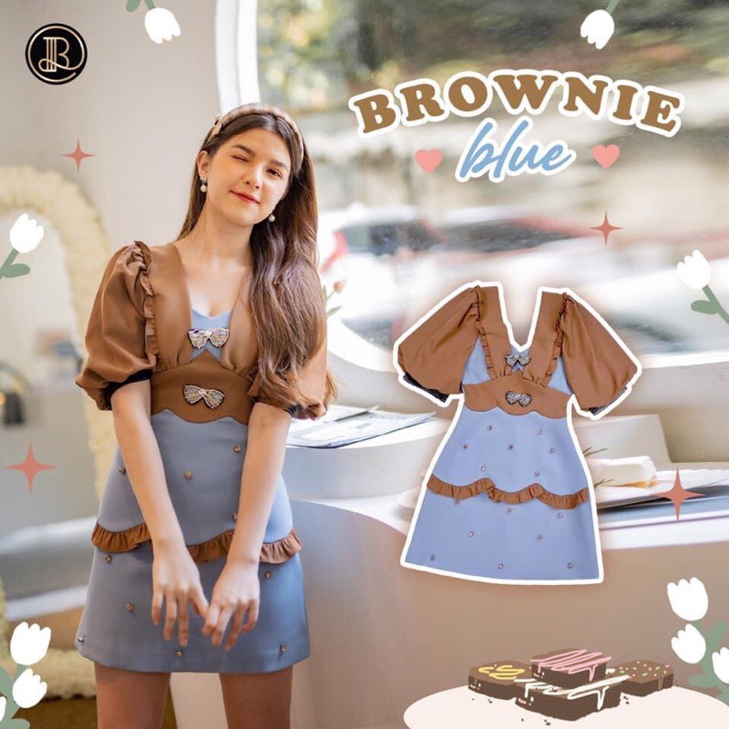BLT Brand :LIPTLE BROWNIE BLUE มินิเดรสสีฟ้าแขนน้ำตาลSize L💖มือ2งานQC