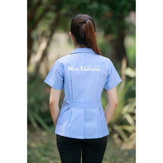 ( Live 11.30 - 13.00 น.ทุกวัน ) เสื้อกาวน์ คอบัว แขนสั้น ฟ้าริ้ว ฟ้า-ขาว ตรากระทรวงสาธารณสุข มุกยูนิฟอร์ม