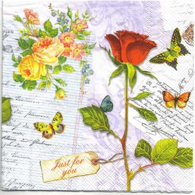 Pladao Napkin ภาพวินเทจ ดอกกุหลาบแดง กับจดหมาย พื้นม่วง กระดาษ แนพกิ้น สำหรับงานศิลปะ เดคูพาจ decoupage ขนาด L 33x33