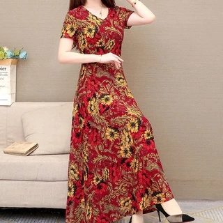พร้อมส่งในไทย เดรสสตรีสวยหรูเนื้อผ้าเรียบๆใส่สบาย แฟชั่นวินเทจลายผสมผสานเดรสยาวกระโปรงทรงซ้อนสวยมาก