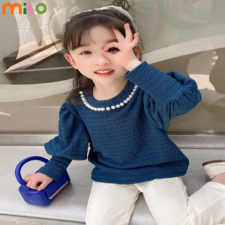 Milo ผู้หญิงเสื้อแขนพัฟ,ลูกปัด,ลูกปัด,เสื้อยืดแขนยาวเด็กเจ้าหญิง,เสื้อผ้าเด็กฤดูใบไม้ร่วง,เสื้อผ้าเด็กสไตล์เกาหลี,เสื้อยืด